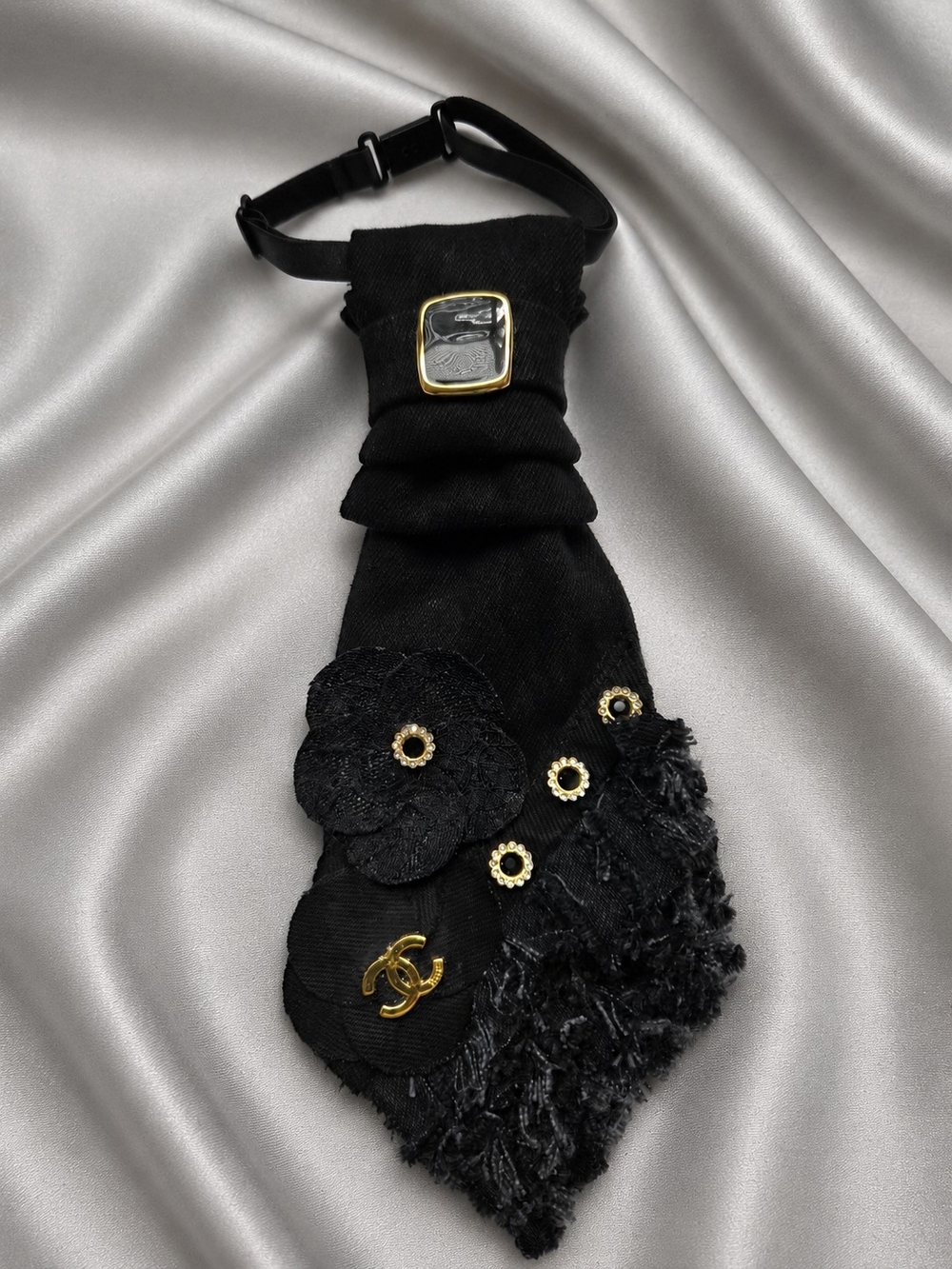Black Floral Embellished Necktie with Gold Accents